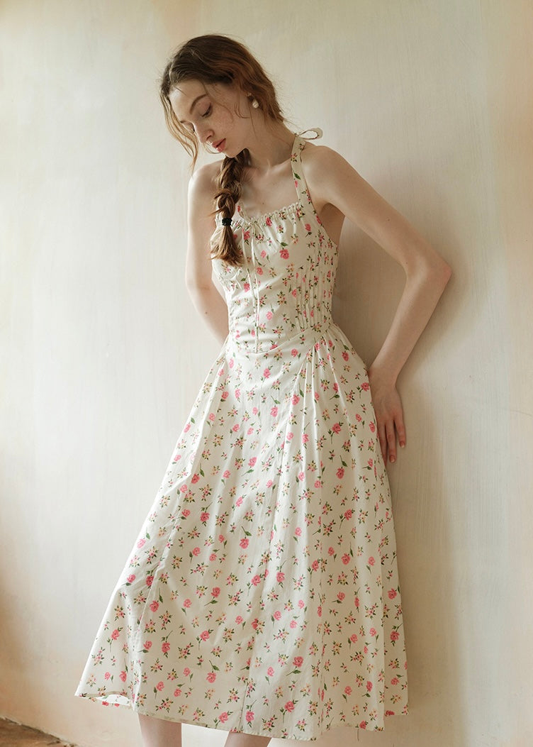 Summer Poem Rose Print Halter Backless Dress