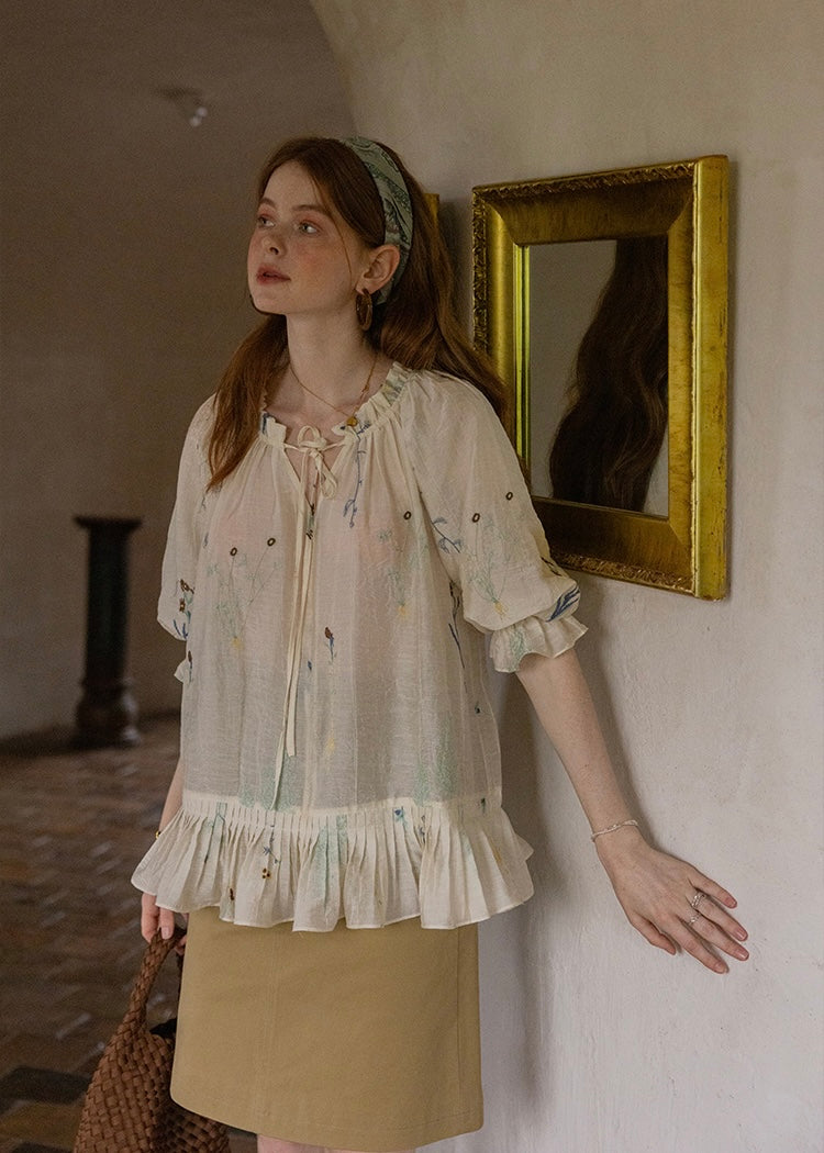 Muse Garden Blouse | Vintage Sheer Embroidered Ruffle Shirt