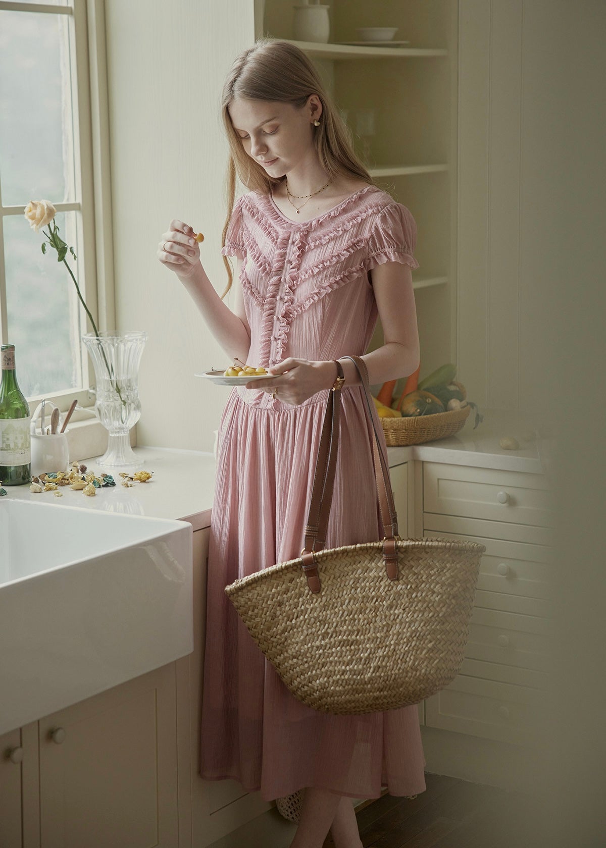 Soft Gathered Front Ruffle Pink A-Line Long Dress