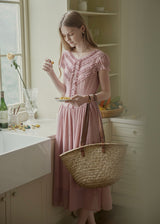 Soft Gathered Front Ruffle Pink A-Line Long Dress