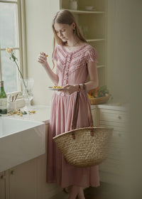Soft Gathered Front Ruffle Pink A-Line Long Dress