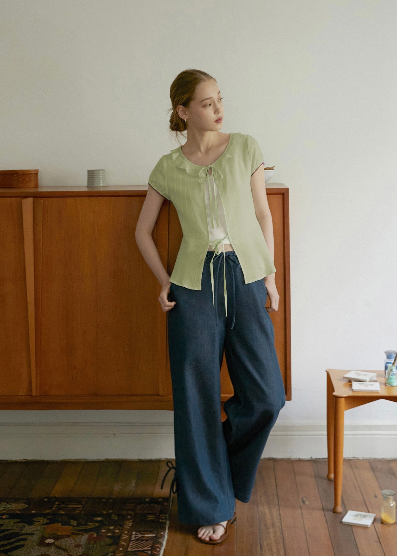 Celery Whisper Blouse | Soft Green Romantic Tie Blouse