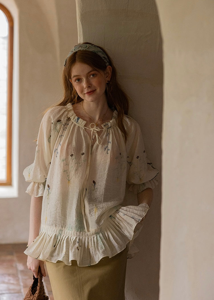 Muse Garden Blouse | Vintage Sheer Embroidered Ruffle Shirt