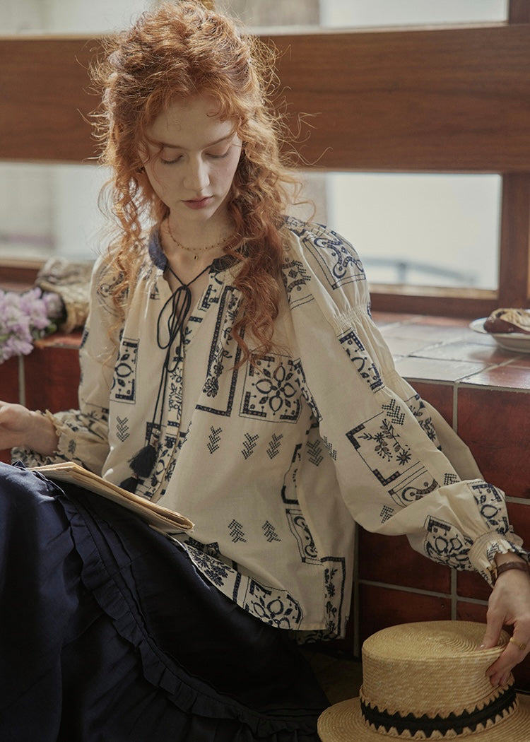 Meadow Folk Tie Blouse | Vintage Navy Print Peasant Top