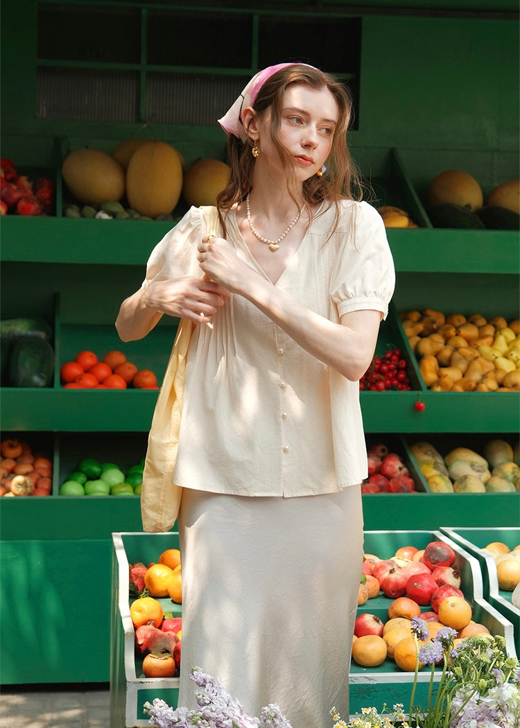 Marseille Cream Button Blouse | Soft Vintage Short Sleeve Top