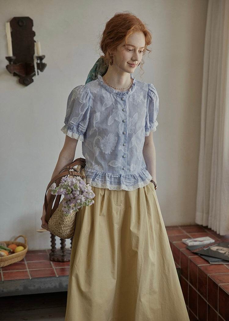 Lilac Garden Blouse | Embroidered Puff Sleeve Ruffle Top