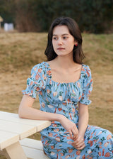 Blossom Breeze Dress | Puff Sleeve Blue Floral Summer Dress