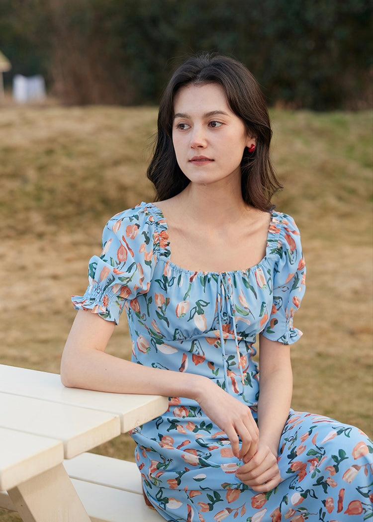 Blossom Breeze Dress | Puff Sleeve Blue Floral Summer Dress