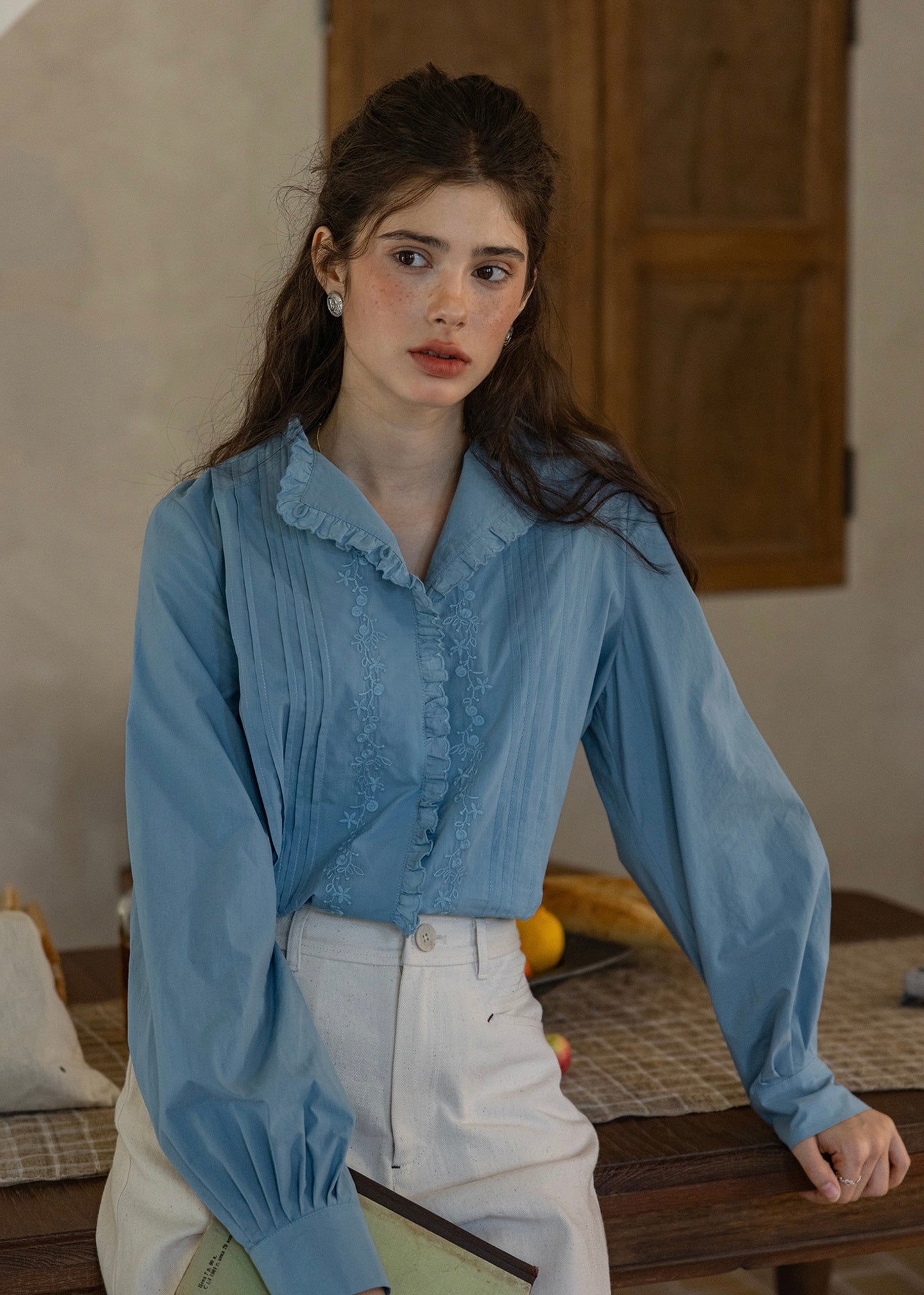 Poetic Pleats Vintage Embroidered Long Sleeve Blouse(2COLOR)