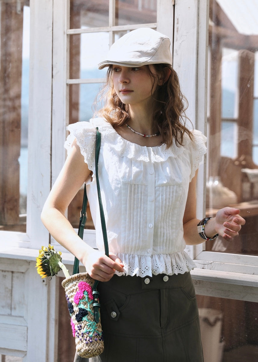 Lucie Ruffle Lace Blouse | Vintage White Cotton Summer Top