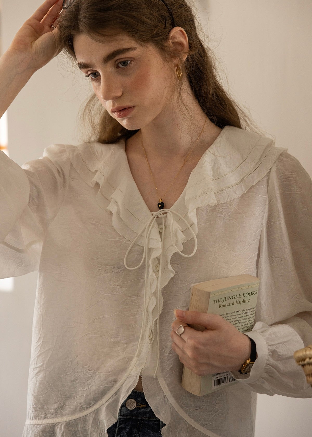 Romantic Ribbon Ruffle Vintage White Blouse