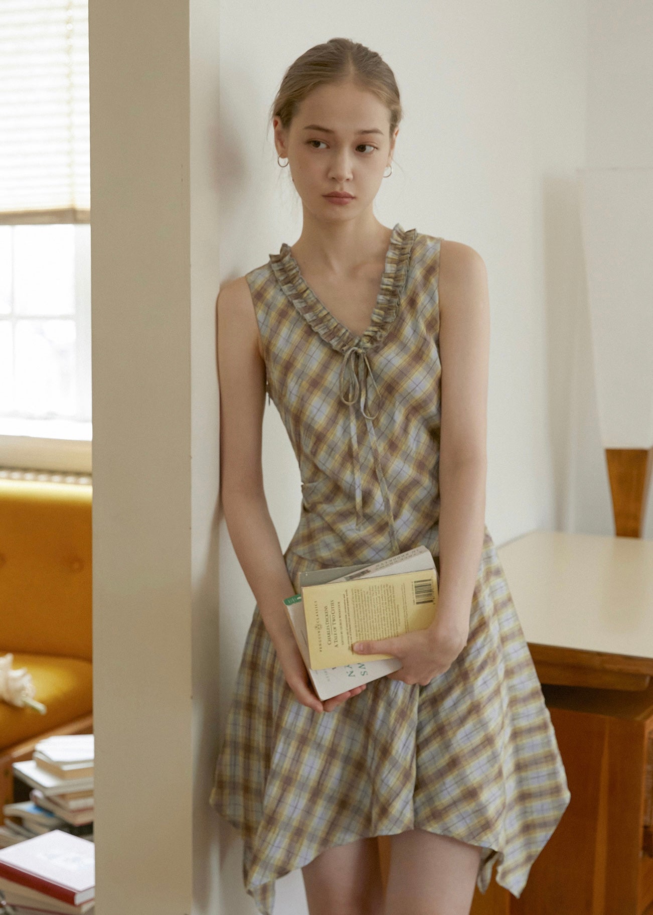Lemon Past Days Check Ruffle Sleeveless Vintage Plaid Dress
