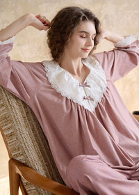 Vintage Lace Collar Pink Long Sleeve Women's Pajama Set