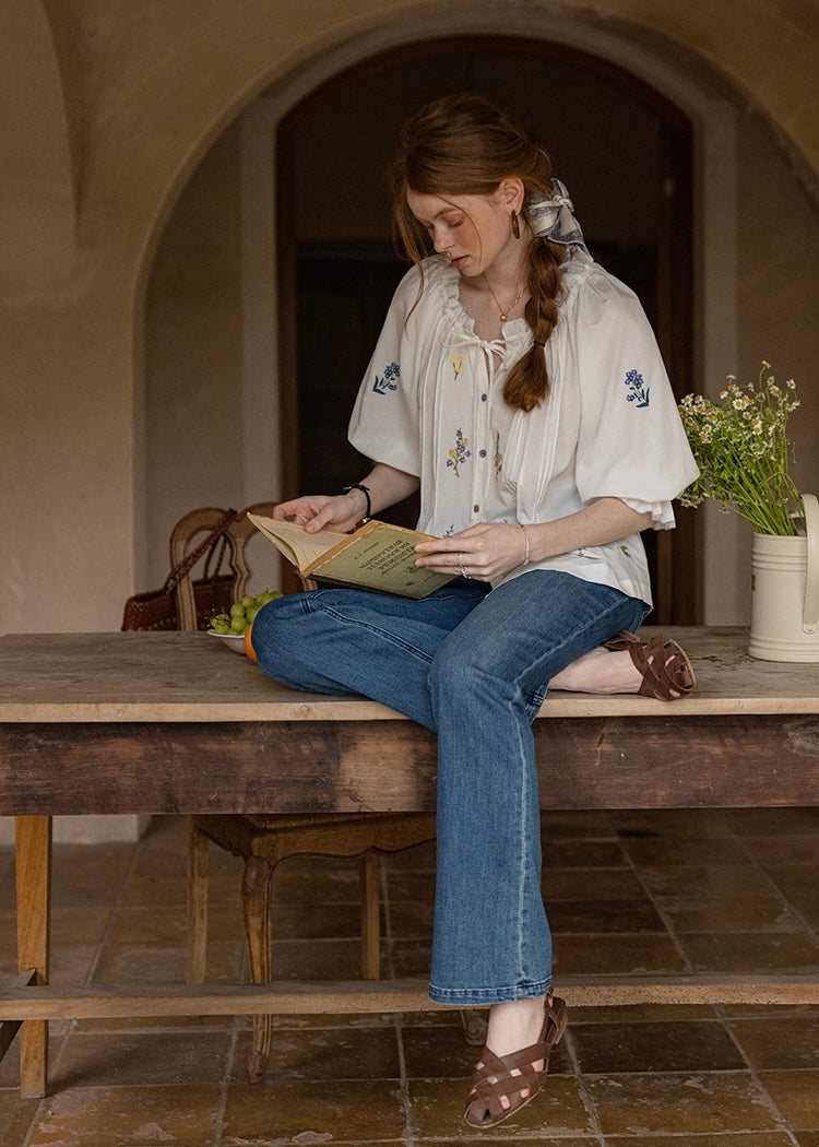 Meadow Poem Embroidered Blouse | Romantic Cotton Round Neck Shirt(2COLOR)