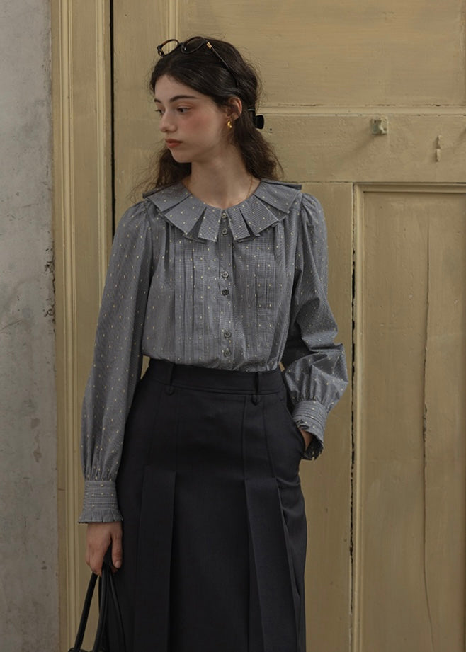 Vintage Dot Pintuck Ruffle Collar Blouse Shirt