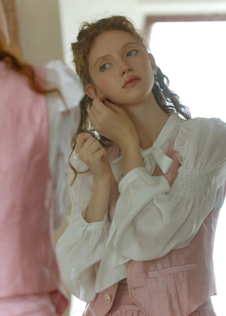 Romantic Vintage Bow Tie White Puff Sleeve Blouse