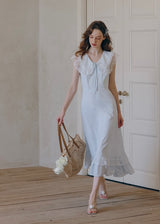 Blue Lullaby Vintage Lace Collar Sleeveless Summer Dress