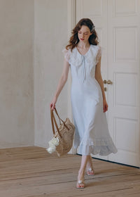 Blue Lullaby Vintage Lace Collar Sleeveless Summer Dress