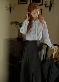 Silent Elegance Ruffle Classic Stripe Long Sleeve Blouse