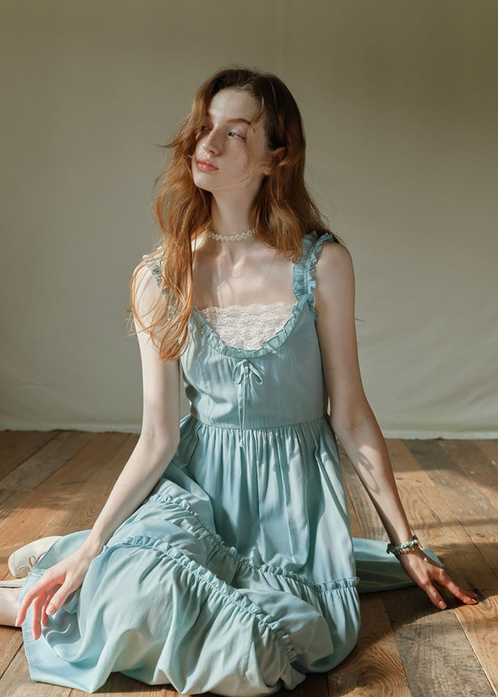 Mint Ruffle Melody Tiered Sleeveless Long Vintage Long Dress