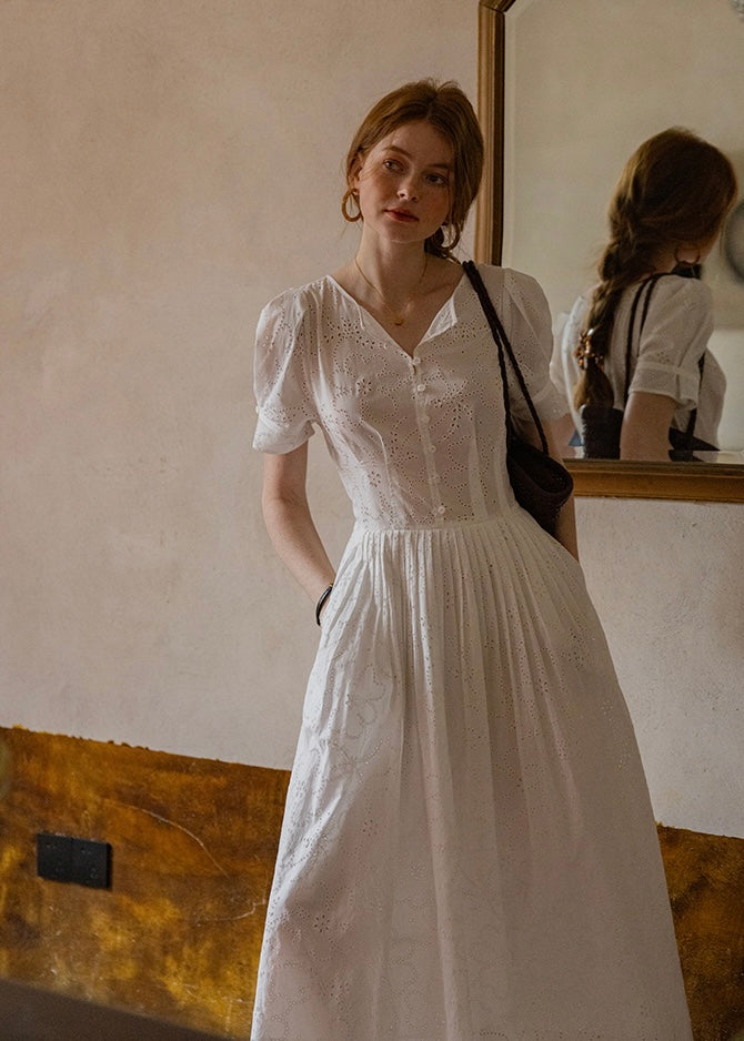 Alba Eyelet Cotton Dress | Romantic White Embroidered Summer dress