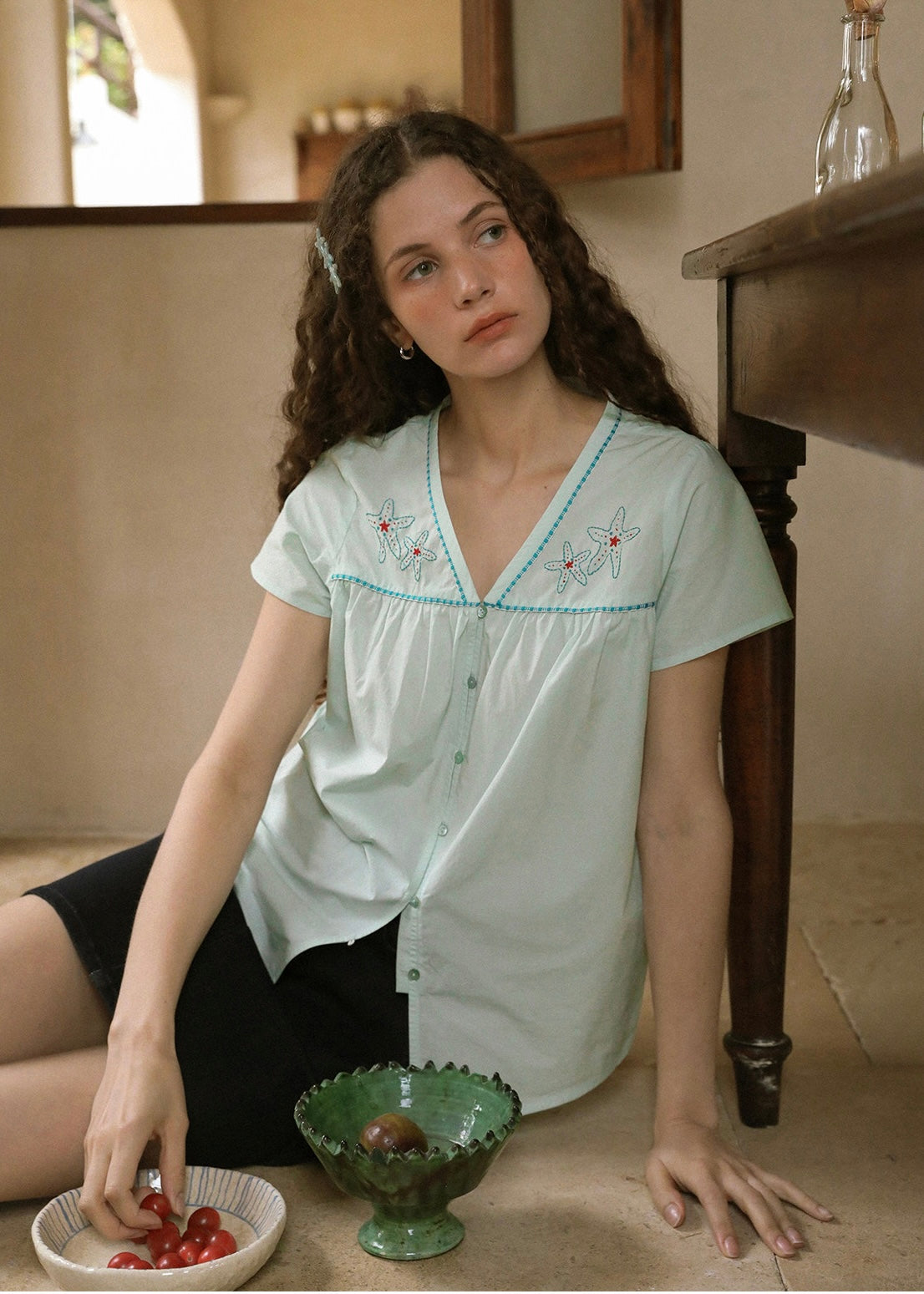 Seabreeze Starfish Embroidered Vintage Cotton Summer Blouse