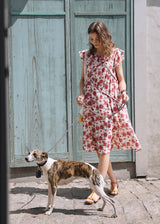 Rosalie Ruffle Floral Dress | Romantic Red Flower Midi Dress for Summer