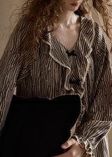 Autumn Stripe Beige Black Vintage Ruffle Pajama Dress Nightwear