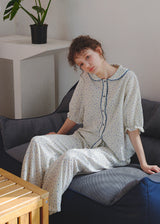 Blue Calm Cotton Pajama Set Floral Piping Collar Loose Lounge Set