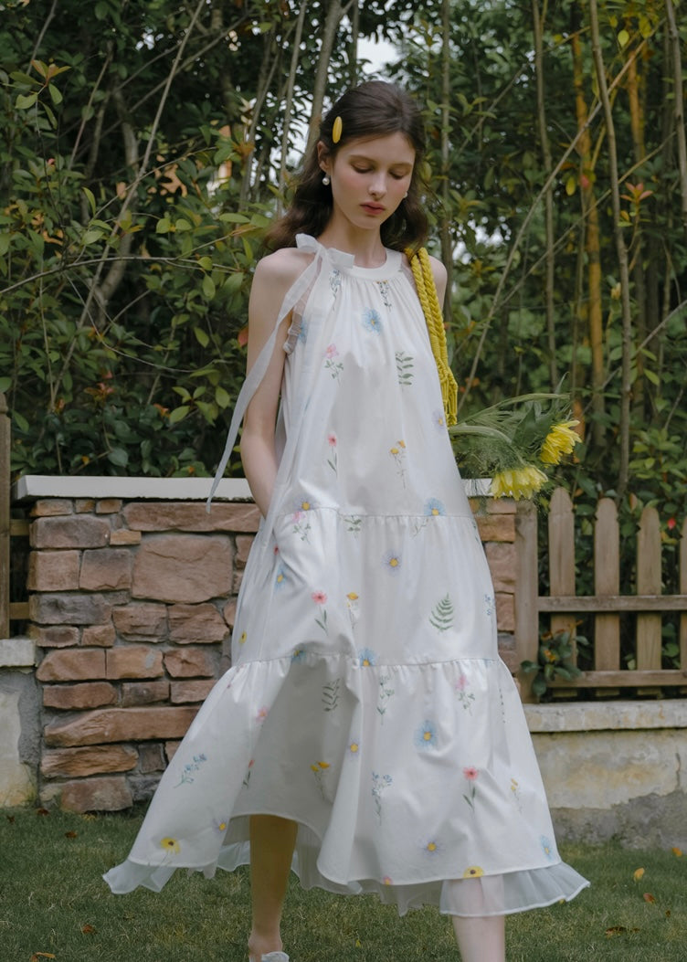 Field Whispers White Embroidered Halter Neck Dress