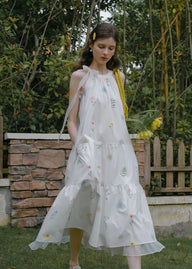Field Whispers White Embroidered Halter Neck Dress