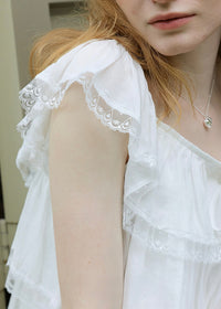 Lucile White Flutter Sleeve Lace Square Neck Blouse