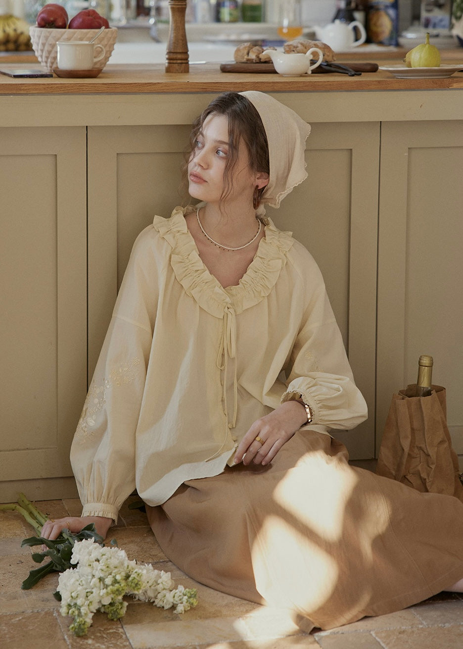 Buttercream Ruffle Embroidered Vintage Blouse