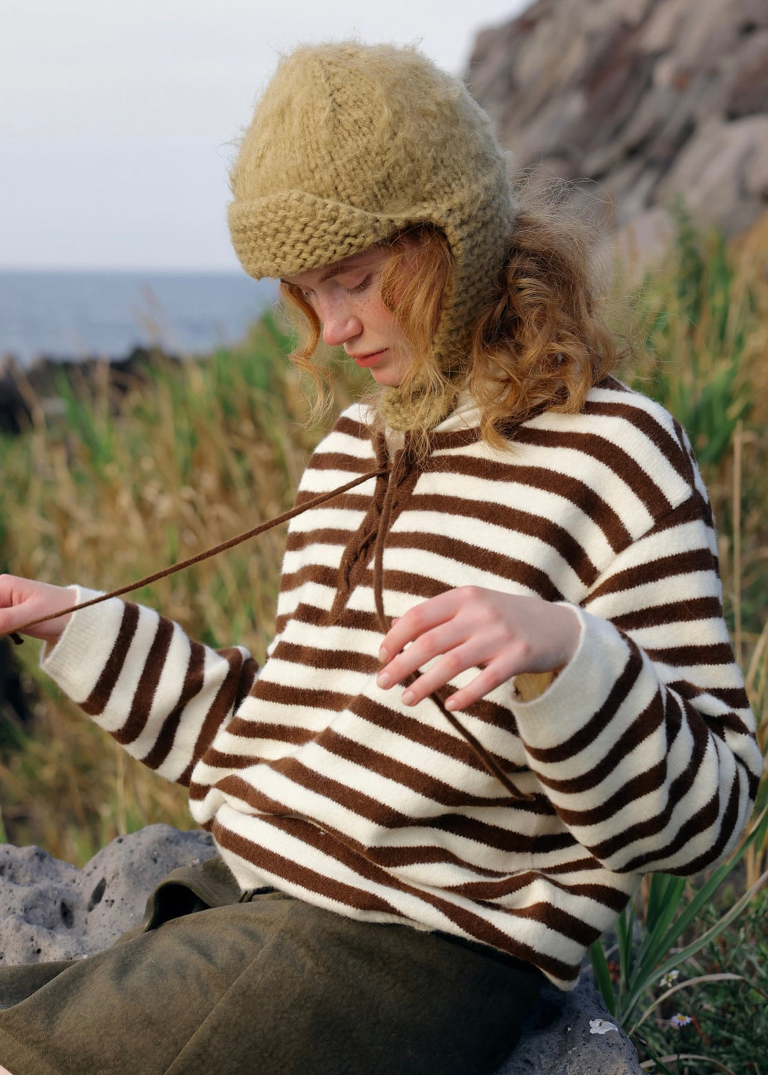Brown Striped Tie-Front Knit Sweater