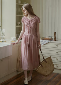 Soft Gathered Front Ruffle Pink A-Line Long Dress