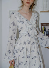 Morning Lace White Blue Floral Vintage Ruffle Bloom Dress