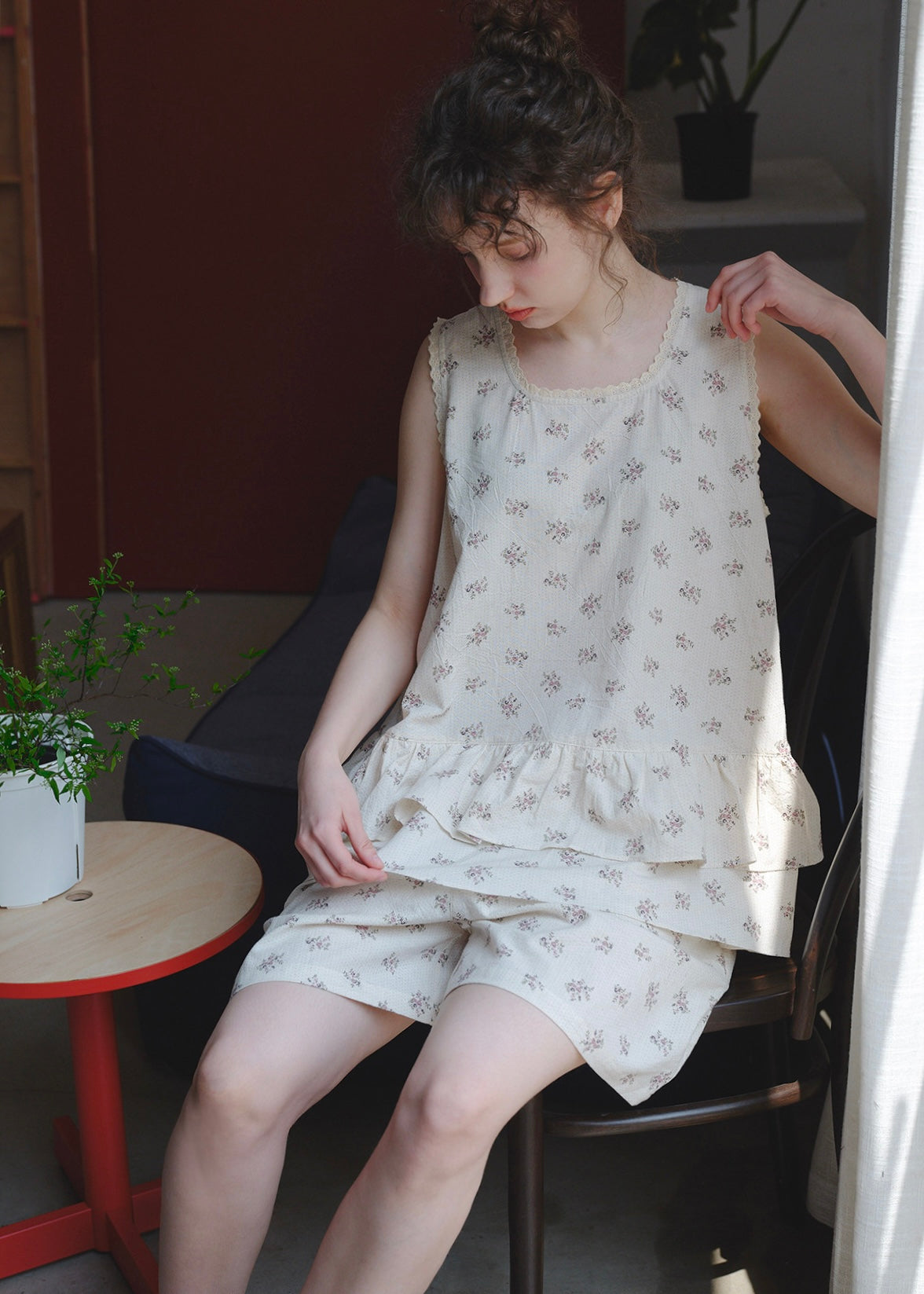 Cream Petaline Cotton Pajama Set Floral Lace Trim Layered Lounge Set