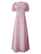Strawberry Picnic Pink Gingham Floral Lace Dress