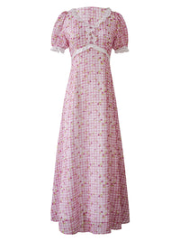 Strawberry Picnic Pink Gingham Floral Lace Dress