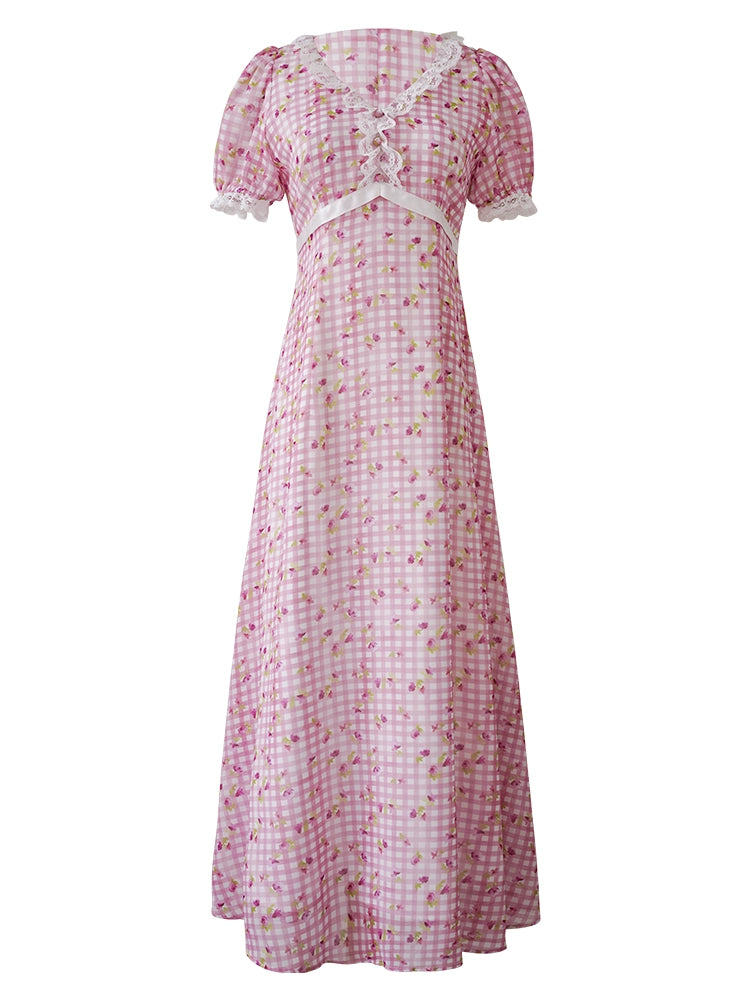 Strawberry Picnic Pink Gingham Floral Lace Dress