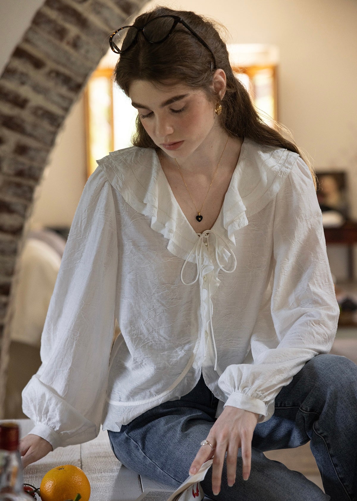 Romantic Ribbon Ruffle Vintage White Blouse