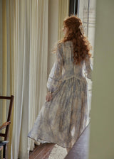 Ash Mist Blue Vintage Print Long Sleeve Dress
