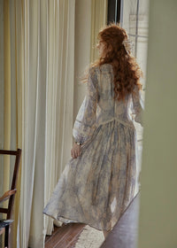 Ash Mist Blue Vintage Print Long Sleeve Dress