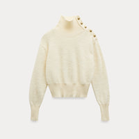 Cream Apricot Diagonal Button Collar Knit Sweater