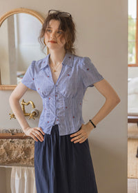 Cherry Stripe Embroidered Vintage Blouse