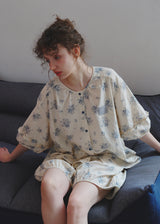 Blue Breeze Cotton Gauze Pajama Set Floral Loose Fit Summer Homewear