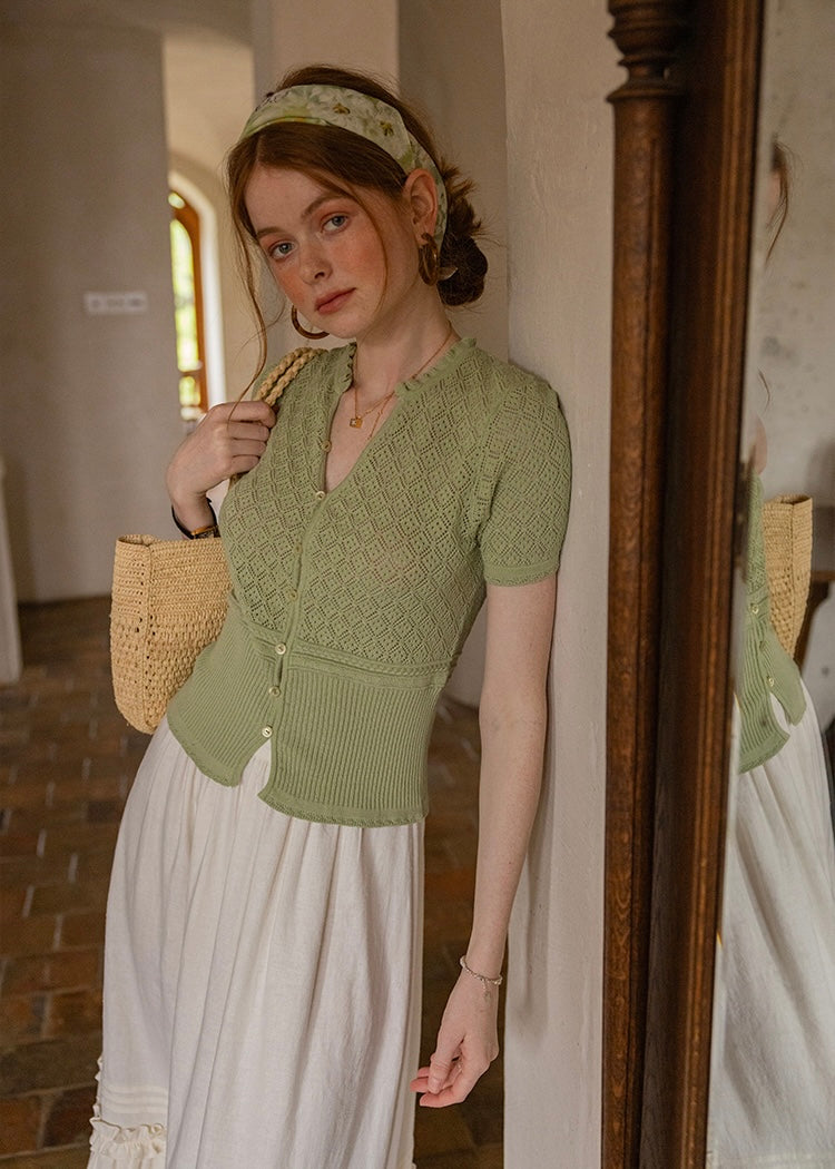 April Lace Knit Blouse | Romantic White Crochet Cotton Cardigan Top(2COLOR)