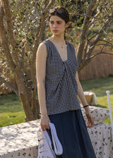 Lemon Noon Check Vest Top | Linen Cotton Sleeveless V-Neck Shirt(2COLOR)