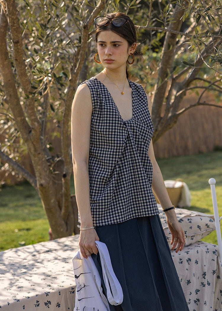 Lemon Noon Check Vest Top | Linen Cotton Sleeveless V-Neck Shirt(2COLOR)