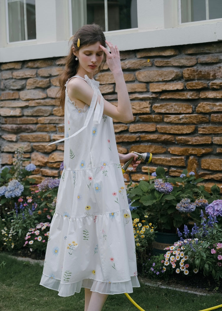 Field Whispers White Embroidered Halter Neck Dress